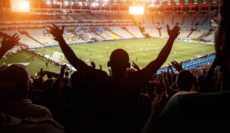 Football, soccer fan support their team and celebrate goal, score, victory. Black silhouette.