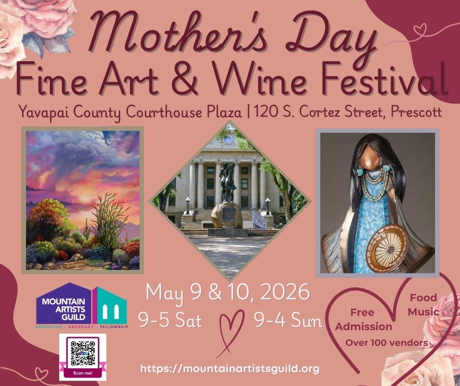 Mother's Day Fine Art & Wine Festival poster with three framed artworks, dates May 9–10, 2026, free admission and vendors info.